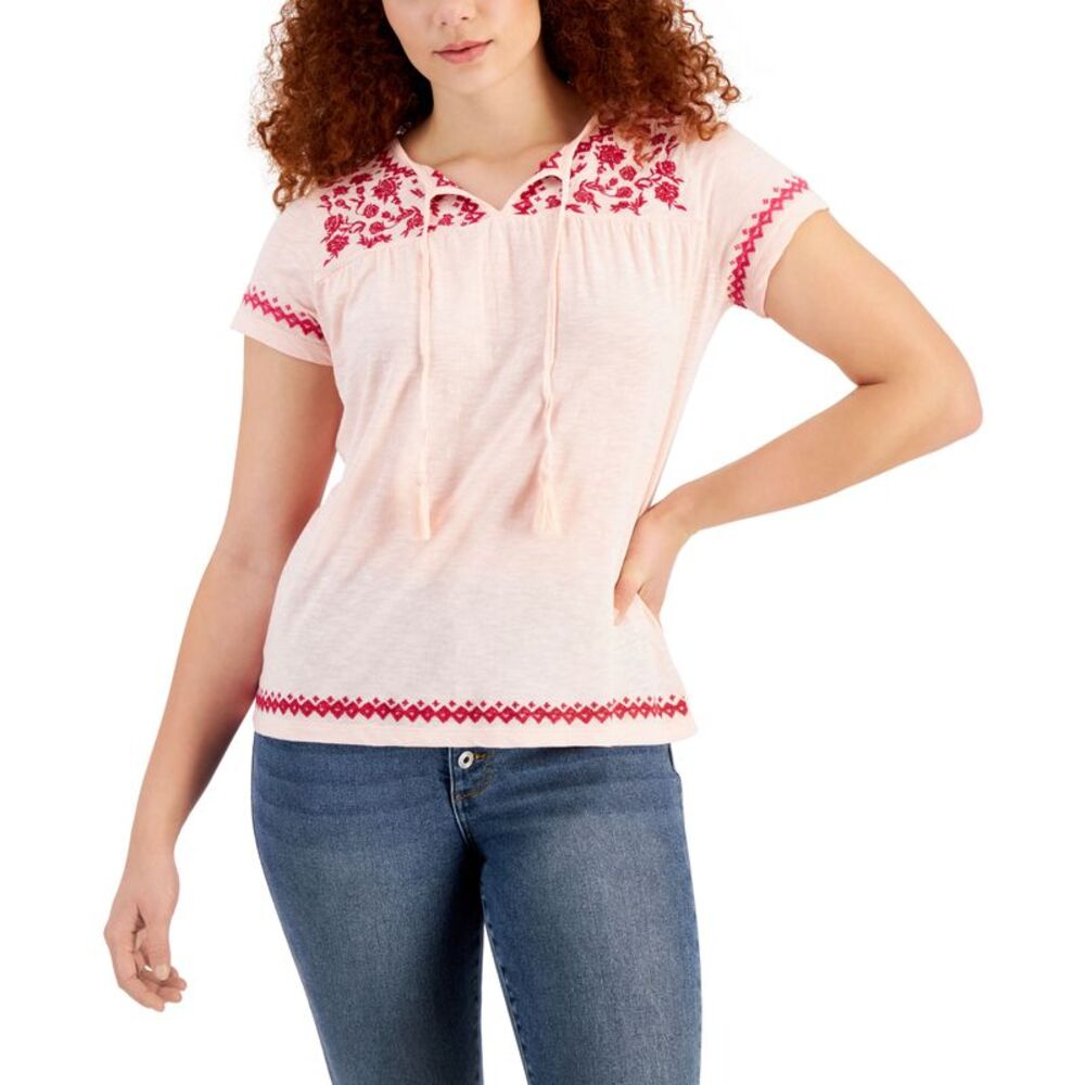 Style & Co Womens Embroidered Split Neckline Top